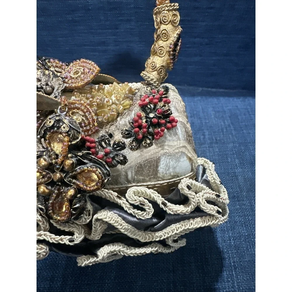 Mary Frances Beaded Handbag Purse, Jewels, Feathers, Floral Brown Hard Case